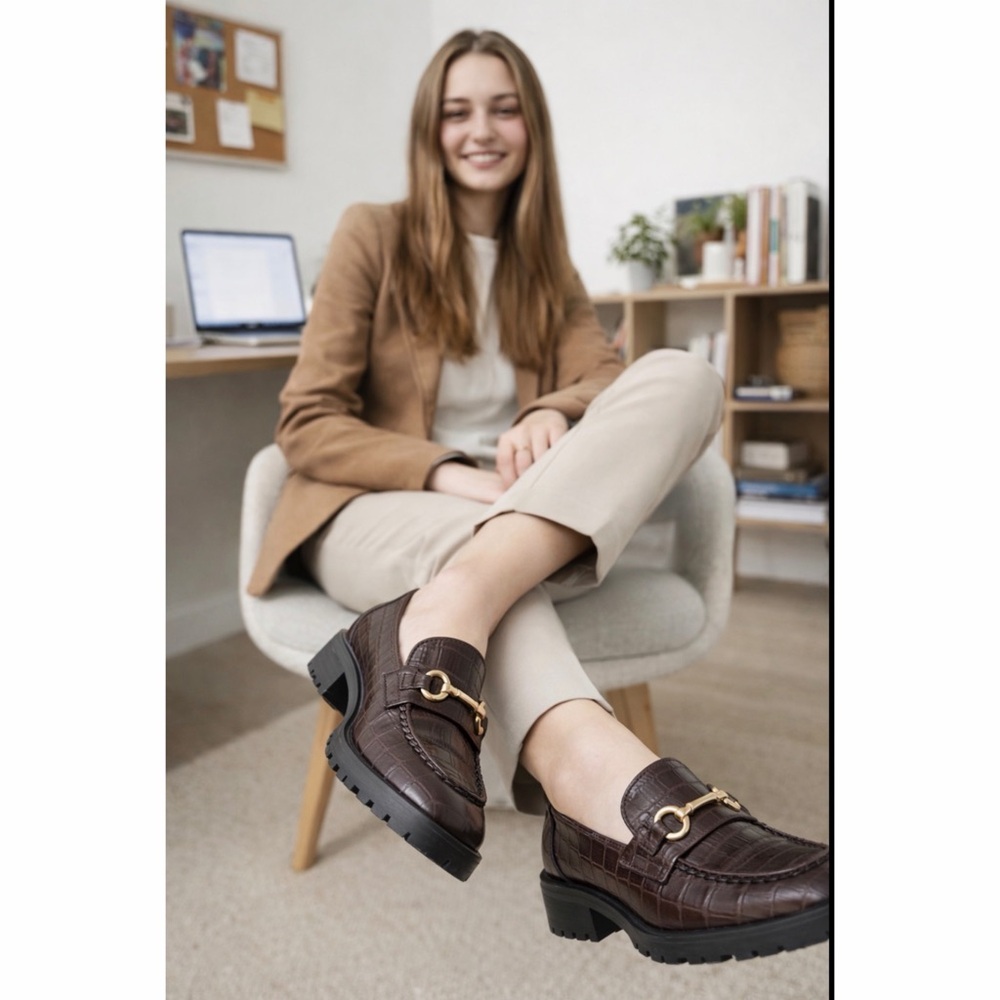 J MCLAUGHLIN MONIKA PENNY LOAFERS BROWN LEATHER CROC LUG SOLE HORSE BIT DETAIL 7